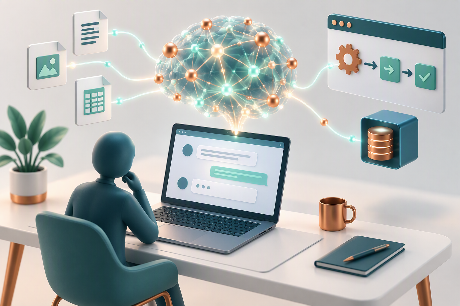 KI-generierte Illustration: Künstliches neuronales Netz visualisiert die Echtzeit-Kommunikation und Prozesssteuerung eines KI-Assistenten mit Dokumenten, Browser und Datenbank.